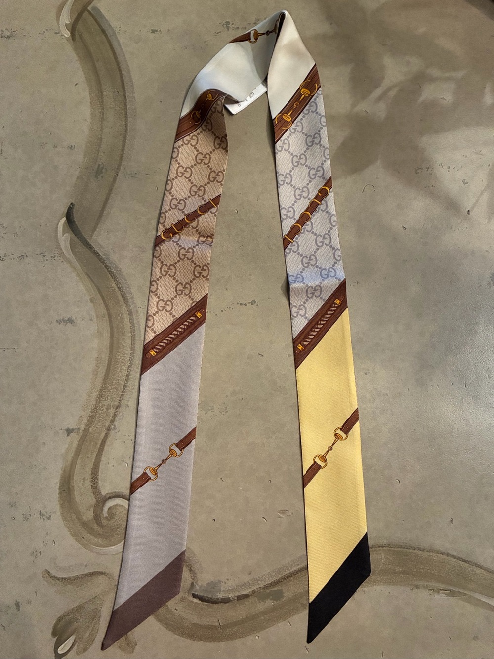 Gucci Beige and Yellow Silk Skinny Scarf with Box, COA